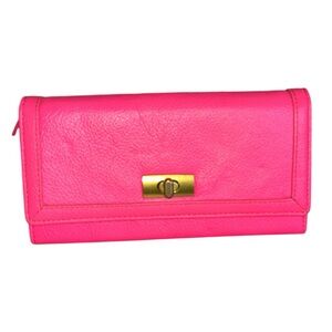 J.Crew Large Leather Gold Toggle Hot Pink Pebbled Leather  Wallet Clutch